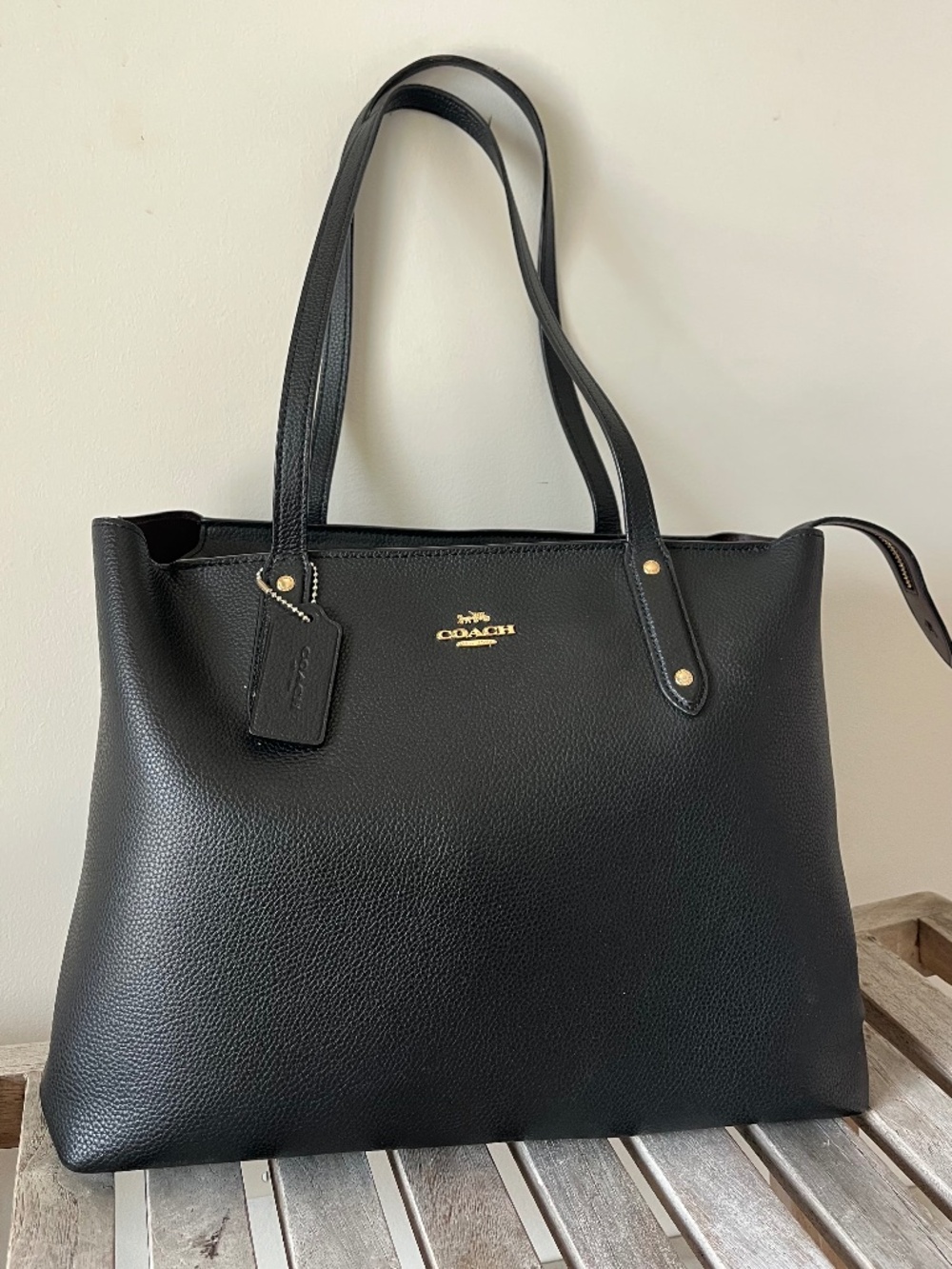Coach Black Pebbled Leather Zip Tote | Purple Interior | Classic Work Bag